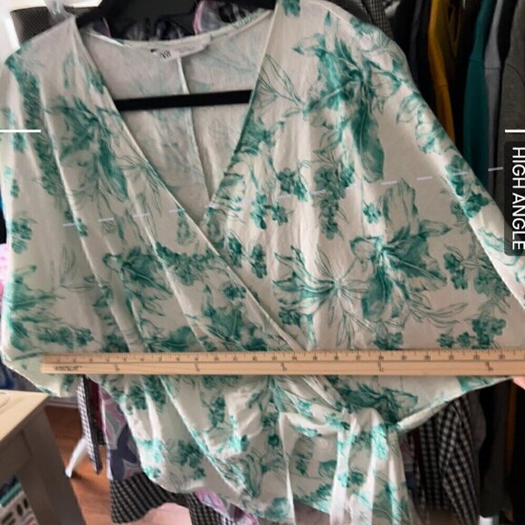 ZARA WRAP CROSS TIE V NECK KIMONO STYLE WHITE GREEN PRINT TOP LINEN SIZE SMALL - Picture 9 of 9